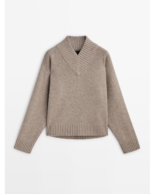 MASSIMO DUTTI Natural High V-Neck Wool Blend Sweater