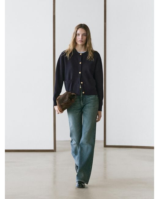 MASSIMO DUTTI Blue Cotton Knit Cardigan With Buttons