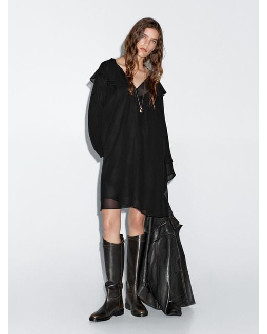 MASSIMO DUTTI Black Short Ruffled Dress