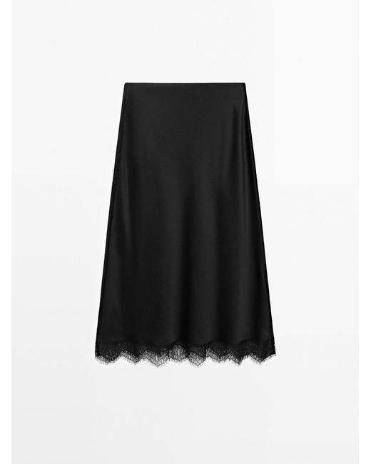 MASSIMO DUTTI Black Satin Midi Skirt With Lace Detail