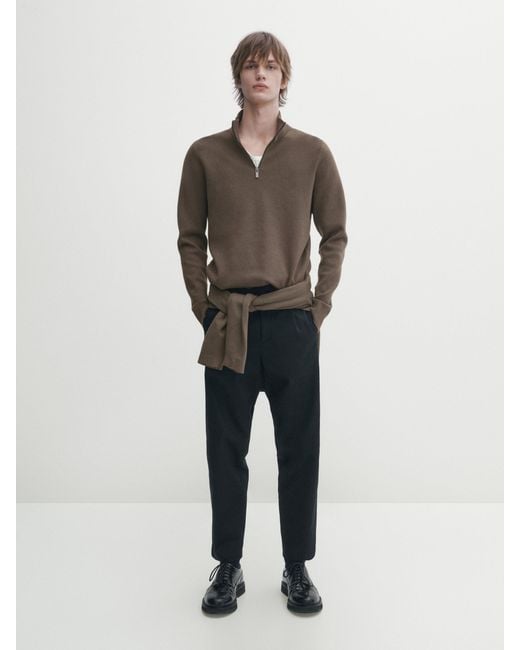 MASSIMO DUTTI Brown Mock Neck Knit Sweater With A Zip for men
