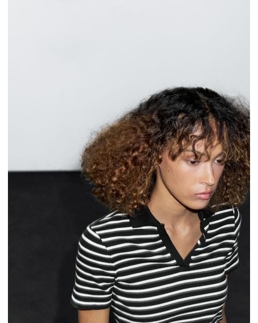 MASSIMO DUTTI Striped Cotton Blend Polo T-Shirt in Black Lyst UK