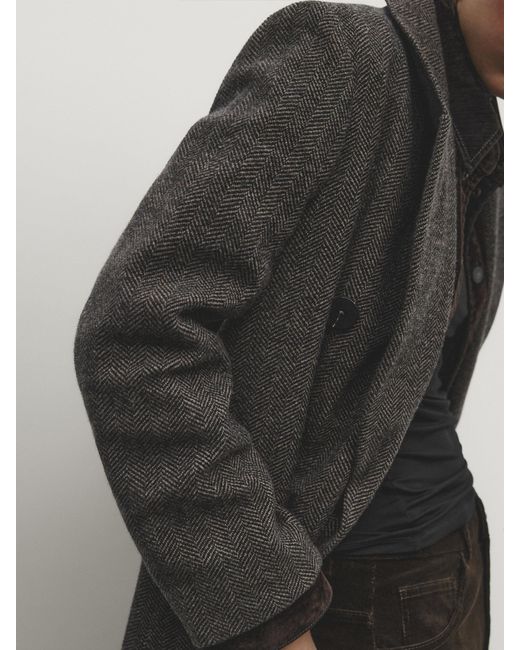 MASSIMO DUTTI Gray Long Double-Breasted Wool Blend Herringbone Coat