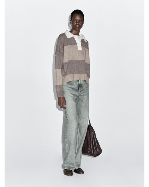 MASSIMO DUTTI White Striped Wool Blend Polo Sweater
