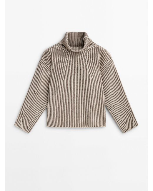 MASSIMO DUTTI Natural High Neck Knit Sweater With Contrast Thread