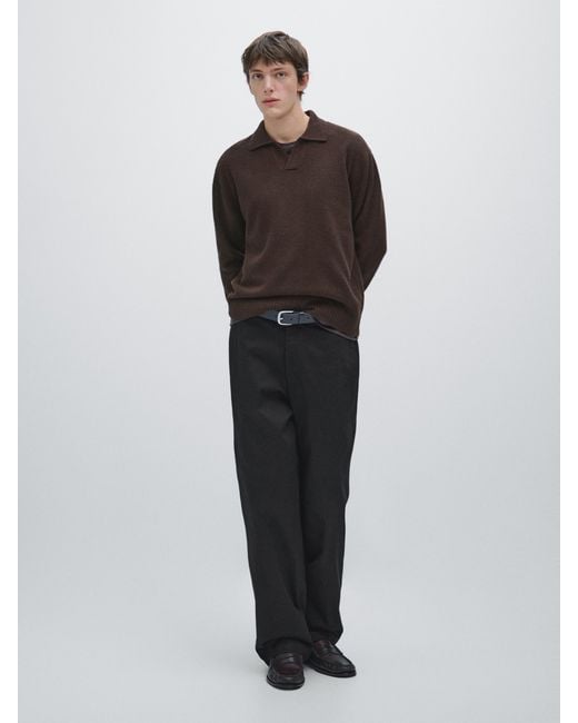 MASSIMO DUTTI Men's Black 100% Cotton Wide-Leg Pants