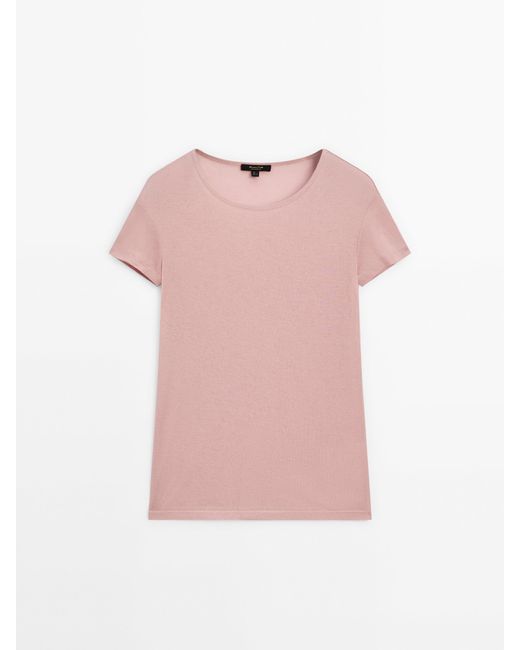 MASSIMO DUTTI Pink Short Sleeve T-Shirt With Ribbed Detail