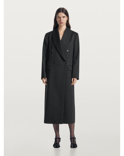 MASSIMO DUTTI Black Long Double-Breasted Coat, 100% Wool