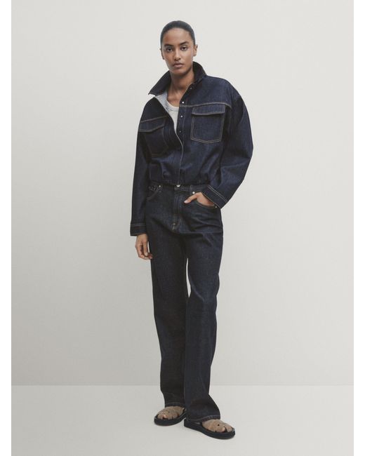 MASSIMO DUTTI Blue Rinse Wash Denim Bomber Jacket