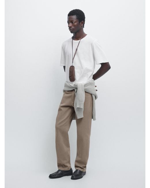 MASSIMO DUTTI White Short Sleeve Linen And Cotton T-Shirt for men