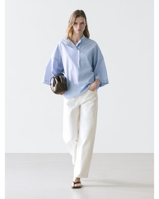 MASSIMO DUTTI Blue Flowing Blouse With Buttoned Collar Detail
