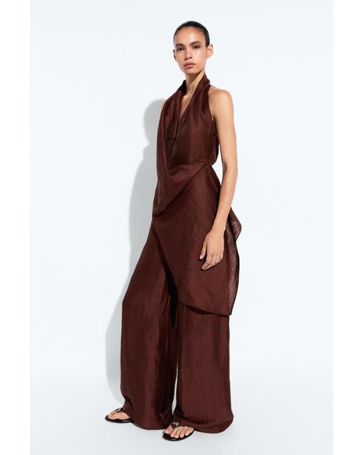 MASSIMO DUTTI Brown Flowing Draped Halter Neck Jumpsuit
