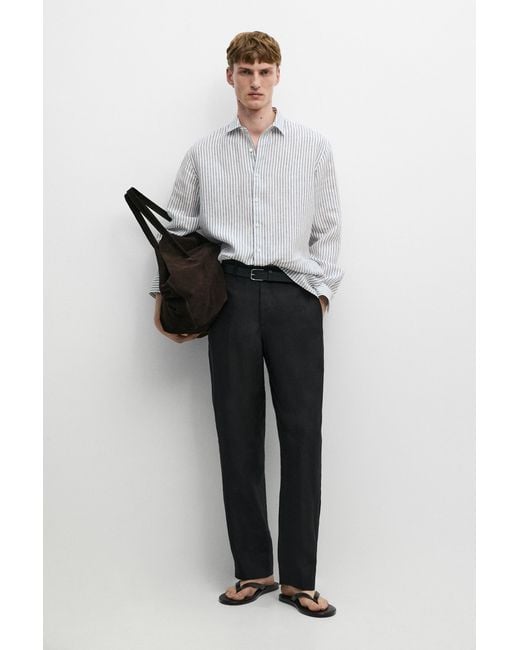 MASSIMO DUTTI Gray 100% Linen Striped Shirt for men