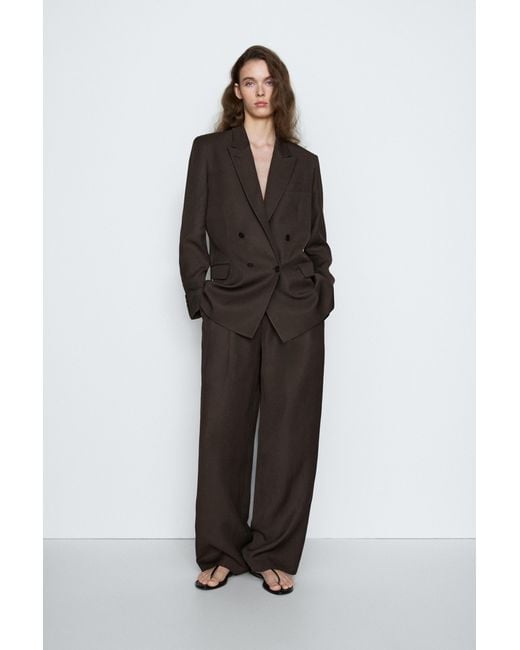 MASSIMO DUTTI Black Linen Crossover Blazer