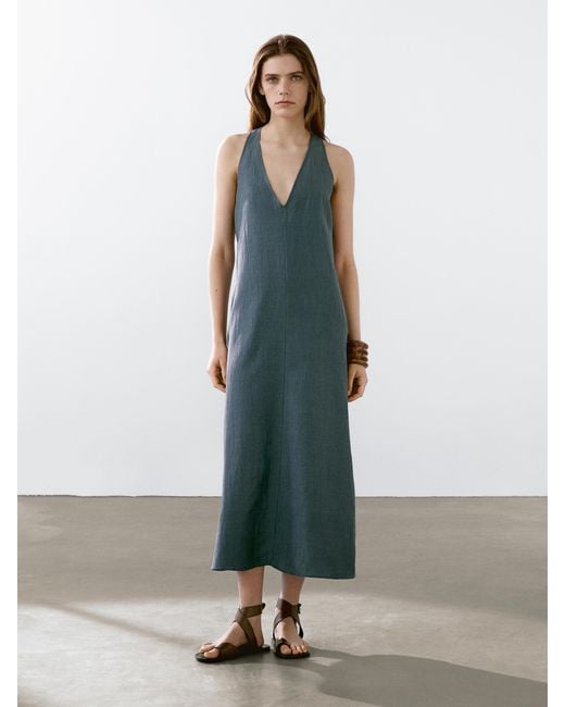 MASSIMO DUTTI Green Linen Blend Dress With Back Detail