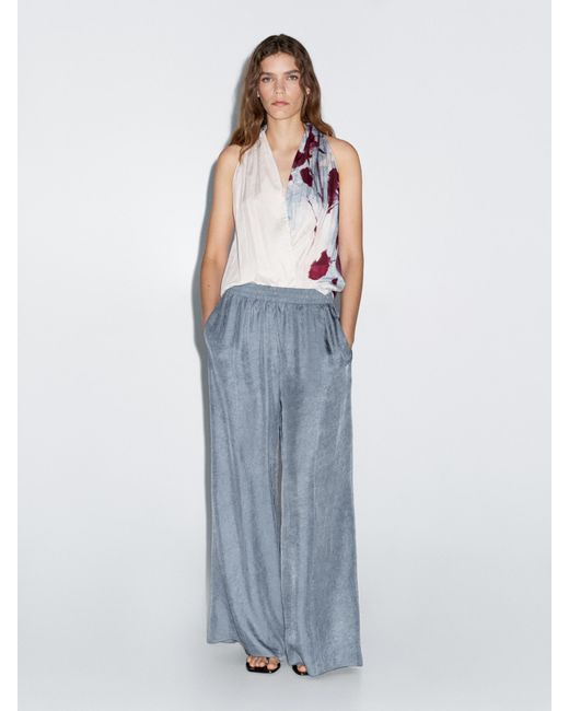 MASSIMO DUTTI Blue Creased-Effect Loose-Fitting Trousers