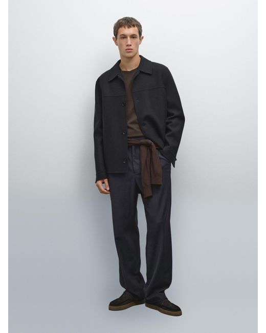 MASSIMO DUTTI Black Double Wool Blend Overshirt for men