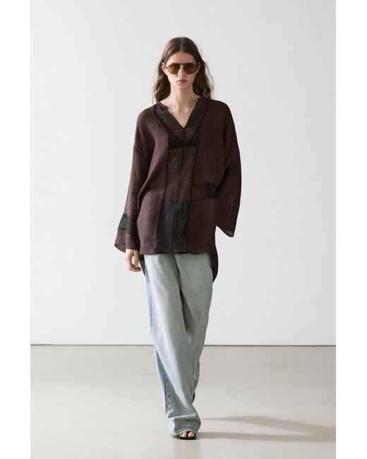 MASSIMO DUTTI Multicolor Flowing Linen Blend Oversize Blouse With Lace Trim