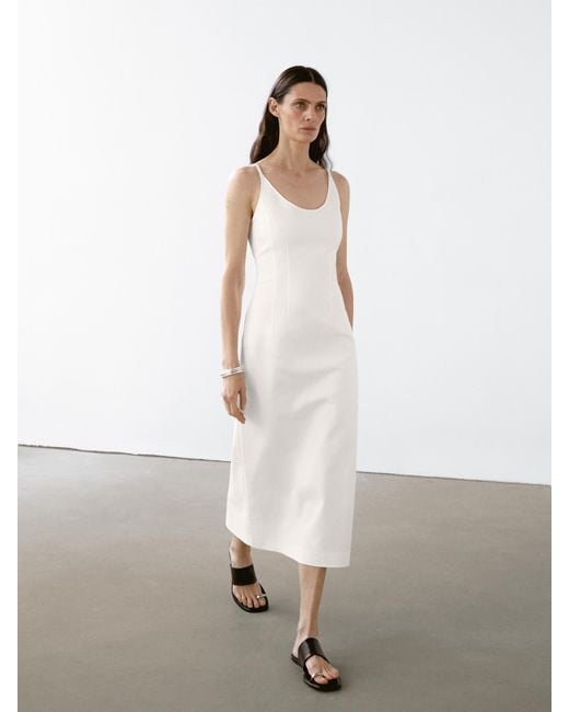MASSIMO DUTTI White Cotton Blend Strappy Midi Dress