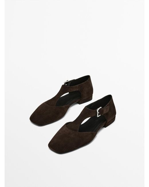 MASSIMO DUTTI White Split Suede Flat Shoes With Instep Piece