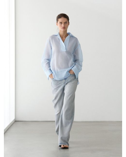 MASSIMO DUTTI Blue Flowing 100% Cotton Shirt With Collar Detail
