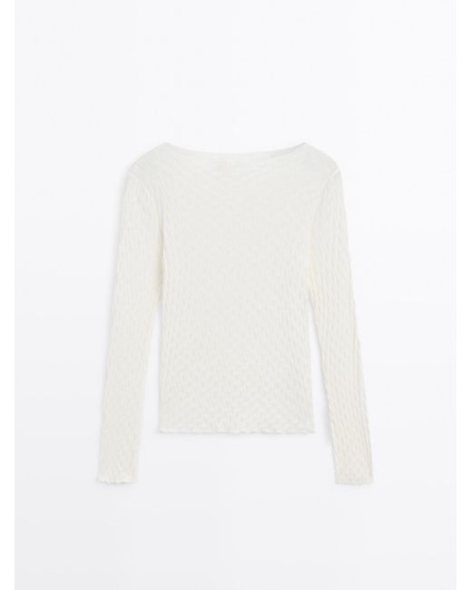 MASSIMO DUTTI 100% Katoenen Top Met Lange Mouw En Structuur in het White