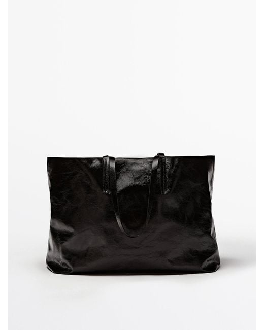 MASSIMO DUTTI Black Leather Tote Bag With A Crackled Finish