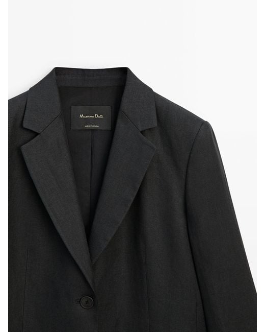 MASSIMO DUTTI Black 100% Linen Buttoned Blazer