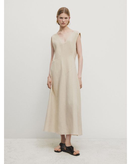 chinese dress ladies MASSIMO DUTTI. Beige linen midi dress. TS (M) – Hibuy market main image 1
