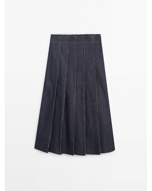 MASSIMO DUTTI Blue Denim Midi Skirt With Seams And Frayed Hem