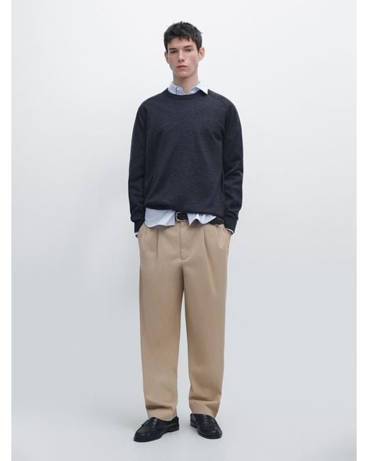 MASSIMO DUTTI Blue Merino Wool Knit Round Neck Sweater for men