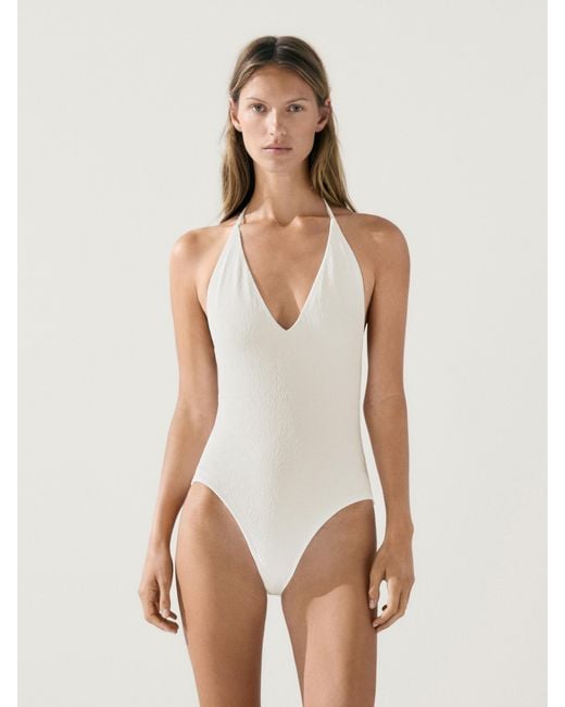MASSIMO DUTTI White Textured V-Neck Swimsuit