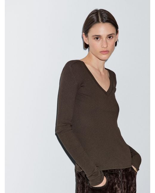 Maglia a maniche lunghe da donna, scollo a V, a maniche lunghe, tinta unita, basic aderente, elegante, a costine, Blu, S