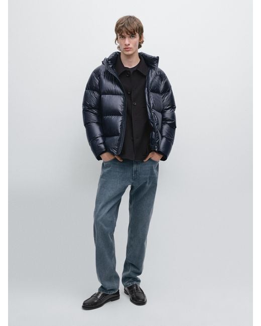 MASSIMO DUTTI Blue Satin Puffer Jacket for men