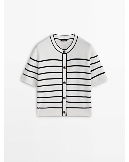 MASSIMO DUTTI White Striped Short Sleeve Knit Cardigan