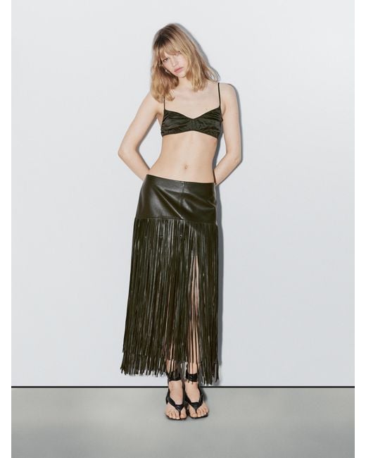 MASSIMO DUTTI White Nappa Leather Midi Skirt With Fringing