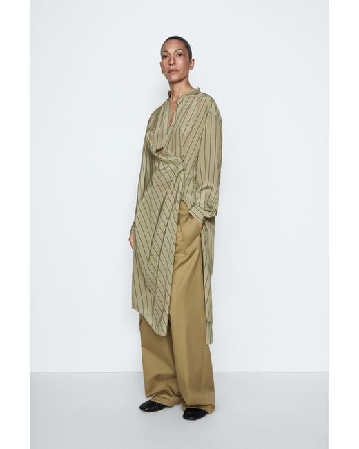 MASSIMO DUTTI Green Flowing Asymmetric Stripe 100% Silk Dress