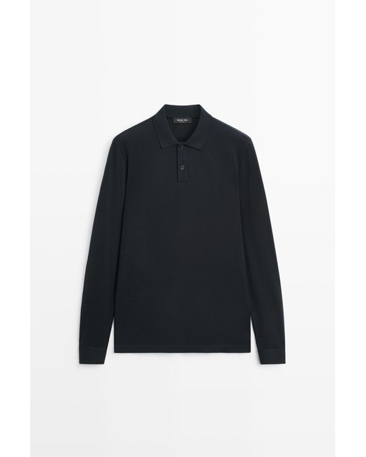 MASSIMO DUTTI Black 100% Cotton Micro-Textured Knit Polo Shirt for men