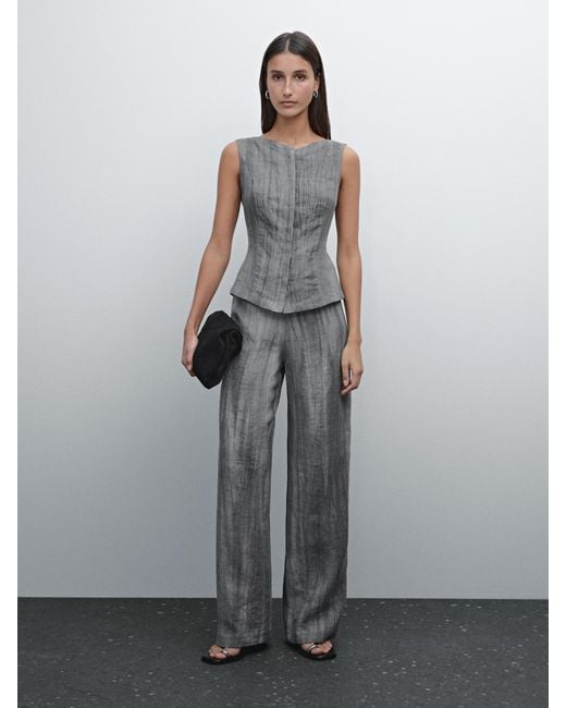 MASSIMO DUTTI Gray Waistcoat With 100% Linen Fabric Detail