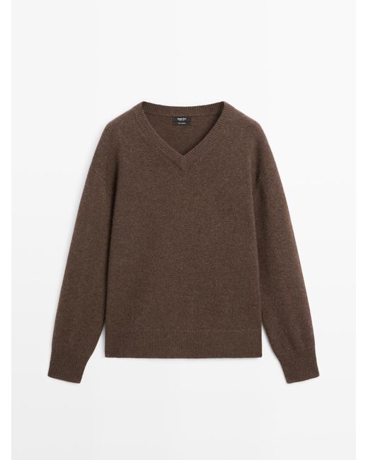 MASSIMO DUTTI 100% Kasjmier Tricot Trui Met V-Hals in het Brown
