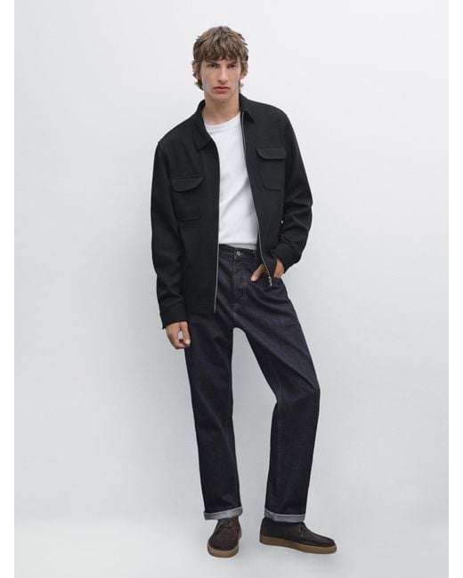 MASSIMO DUTTI Blue Cotton Blend Twill Jacket With Pockets for men