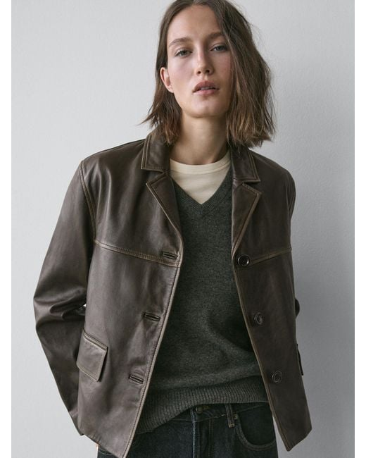 MASSIMO DUTTI Brown Nappa Leather Jacket With Lapel Collar