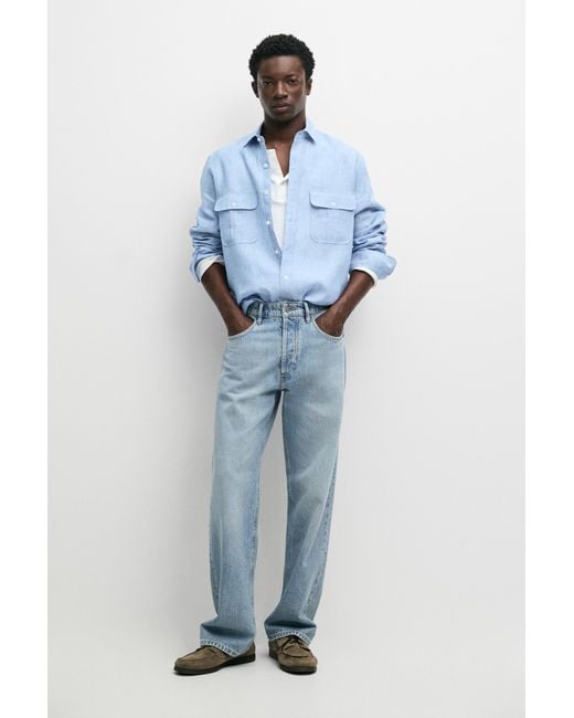 MASSIMO DUTTI Blue Regular Fit 100% Linen Shirt for men