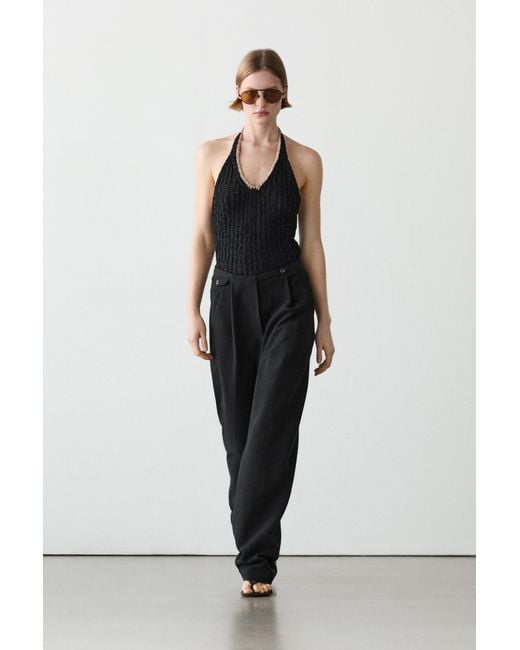 MASSIMO DUTTI Black Flowing Linen Blend Pants With Pockets