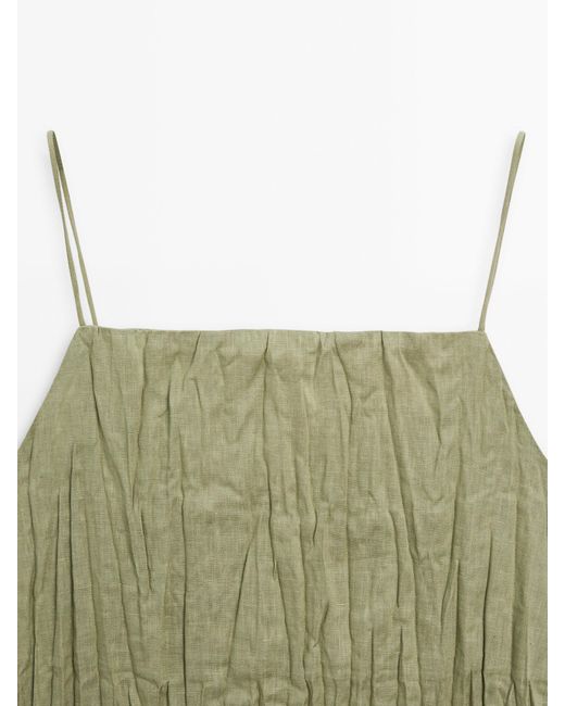 MASSIMO DUTTI Green Linen Blend Pleated Strappy Dress