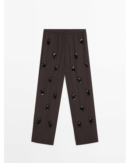 MASSIMO DUTTI Soepelvallende Broek Met Bloemenapplicaties in het White