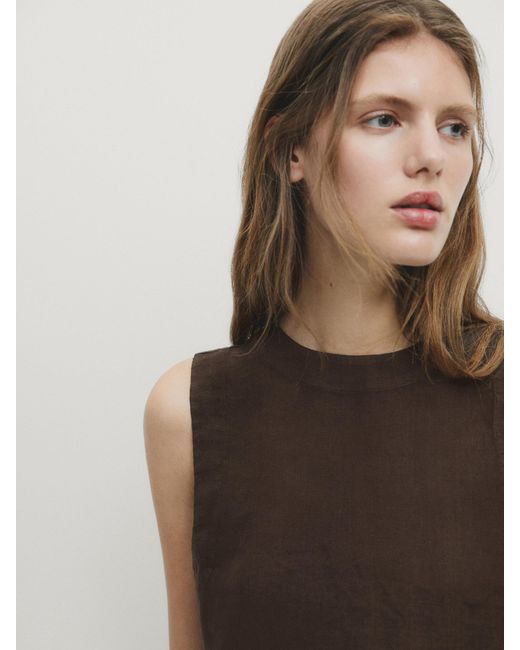 MASSIMO DUTTI Brown 100% Linen Sleeveless Top