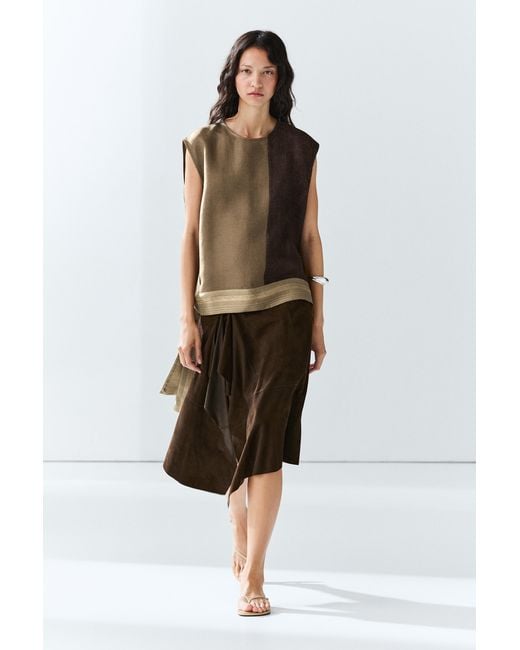 MASSIMO DUTTI Brown Linen-Blend Color-Block Flowing Top