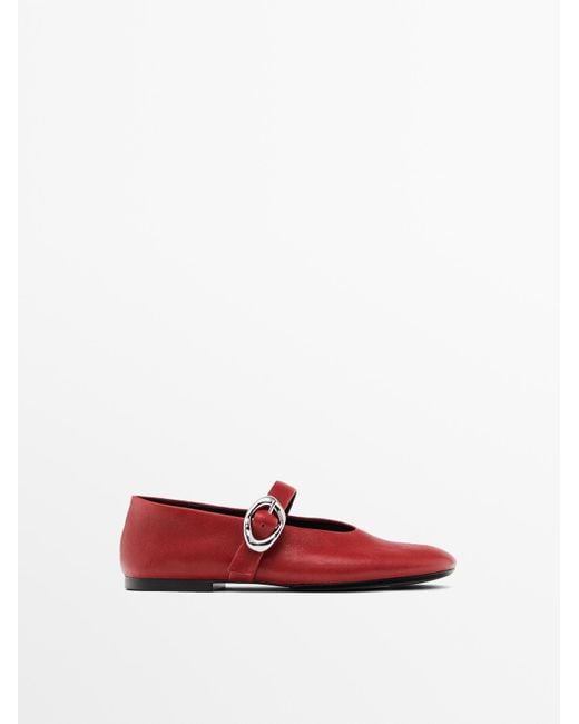 MASSIMO DUTTI Leren Ballerina's Met Gesp in het Red