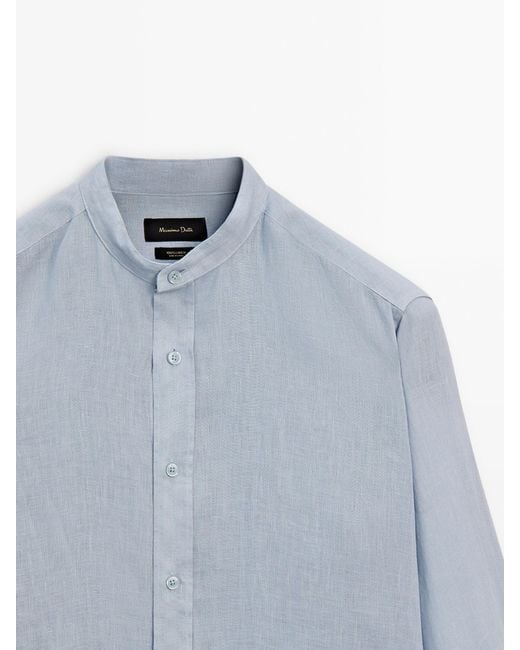 MASSIMO DUTTI Blue Regular-Fit Linen Shirt With A Stand Collar for men